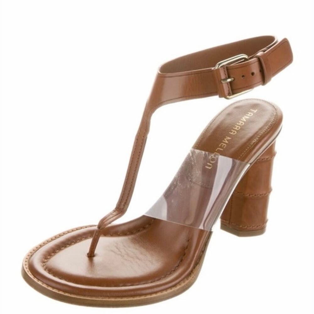 Tamara Mellon Leather T-Strap Block Heel Sandals Brown PVC Accent Women Sz 38.5
